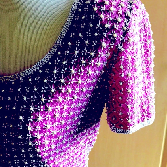 Pearled and beaded short sleeve form fitting formal top - Picture 1 of 12